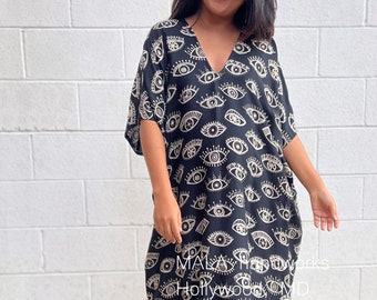 CM-25 Black Original design Midi Hand Screened Kaftan, caftan, beach, resort, vacation, cruise, pool, party, lounge, home