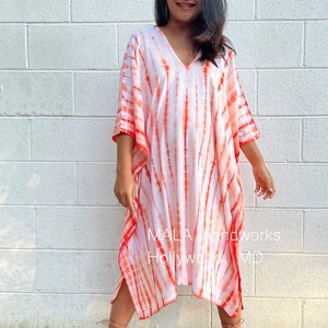 FR-7 White w/ Orange Tie Dye Midi Kaftan Resort, Poncho ,Lounge wear, Beach wear tunic, Summer dress, Poncho dress, Top,  Resort kaftan