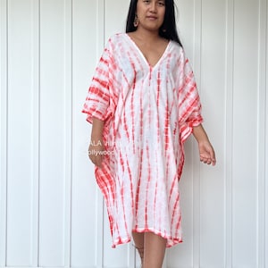 FG-7 White w/ Orange Midi Gauze Kaftan Tunic,Tunic Beach wear,Lounge wear, Beach wear tunic, Summer dress, Resort wear, Resort kaftan