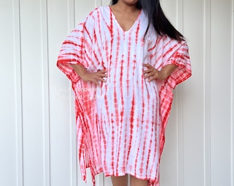 FR-17 White w/ Orange Tie Dye Midi Kaftan Resort, Poncho ,Lounge wear, Beach wear tunic, Summer dress, Poncho dress, Top,  Resort kaftan