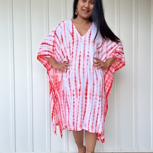 FR-17 White w/ Orange Tie Dye Midi Kaftan Resort, Poncho ,Lounge wear, Beach wear tunic, Summer dress, Poncho dress, Top,  Resort kaftan