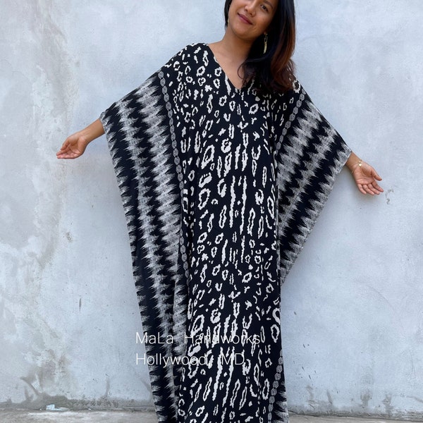 A-216 Black Original design Hand Screened Kaftan - caftan, beach, resort, vacation,cruise, pool, party, lounge, work at home