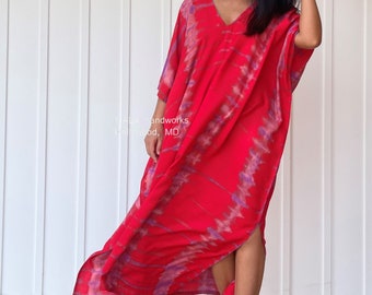 Red Tie Dye Caftans For Women by MALAHANDWORKS CM-28 ~ Luxury Lounge Wear, Plus Size Kaftan, Resort Dress, Valentines Clothing, Cruise Wear