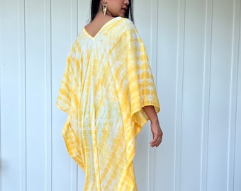 O-42 Cotton Semi sheer White w/ Yellow hand Tie Dye Kaftan Dress, Lounge Resort Beach wear, Light breathable cotton kaftan dress