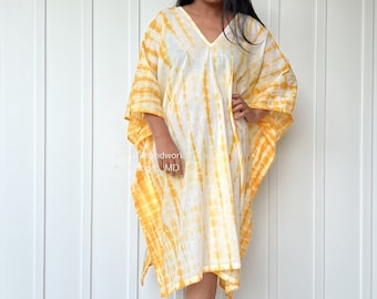 FG-3 White w/ Yellow Midi Gauze Kaftan Tunic,Tunic Beach wear,Lounge wear, Beach wear tunic, Summer dress, Resort wear, Resort kaftan