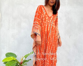 Womens Orange Dresses, Tie Dye With Black Kaftan Luxury A-3 ~ Maxi Moroccan Caftan Dress, African Dress, Plus Size Kaftan, Resort Gown