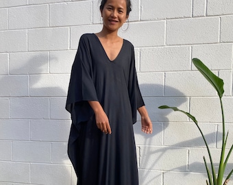 A-12 Solid Black Silky Kaftan Dress, Long Kaftan Luxury, Resort Wear, Plus Size Caftan For Women, Cruise Wear, Vacation Dress, Beach Dress