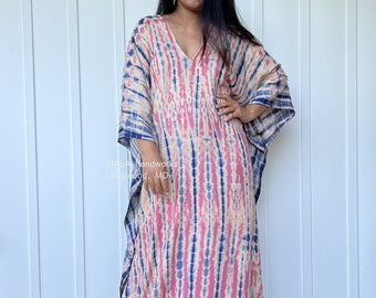 A-82 Pink w/ Blue Tie Dye Kaftan, caftan, beach, resort, vacation, cruise, pool, party, lounge, home, work at home