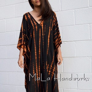 Black w/ Orange Tie Dye Kaftan A-38 ~  Bali Holiday Dress, Resort Wear, Mexican Dress, Cancun Dress, Dubai Womens Dress, Plus Size Clothing