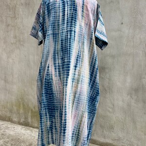 U-2-2 Midi cotton dress, hand painted fabric pattern, natural dye, One of a kind