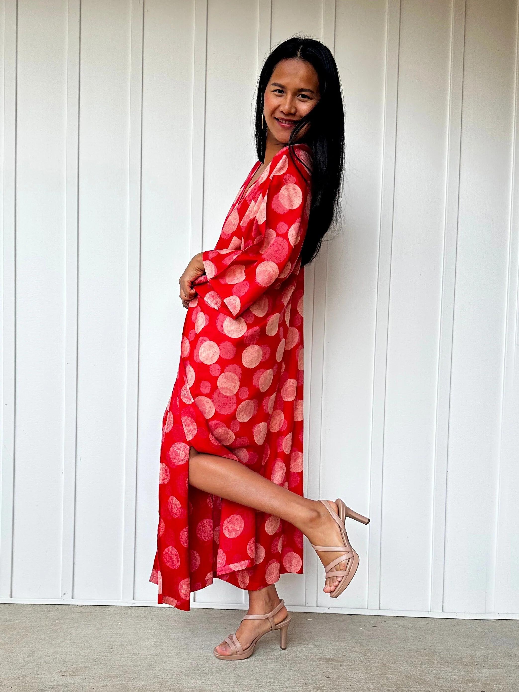 Mala Red With Pattern Hand Silkscreened Kaftan A-229 Mumu Dress
