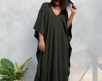 A-74 Dark Olive Green Solid Kaftan, caftan, beach, resort, vacation, cruise, pool, party, lounge, home, work at home, Length option