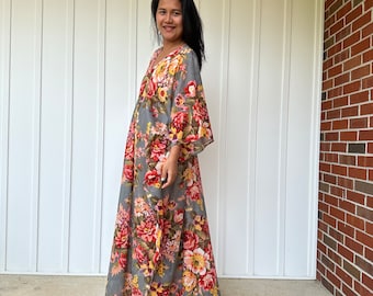 Cotton Flower Printed Kaftan E-38 ~ Hawaiian Caftan, Womens Cruise Wear, Tropical Vacation Dress, Boho Chic Clothing, Bali Holiday Dress