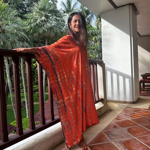 Orange With Blue Tie Dye Silky Kaftan Dress For Women A-54 ~ African Kaftan, Plus Size Beach Caftan, Tropical Vacation Gown, Moroccan Kaftan