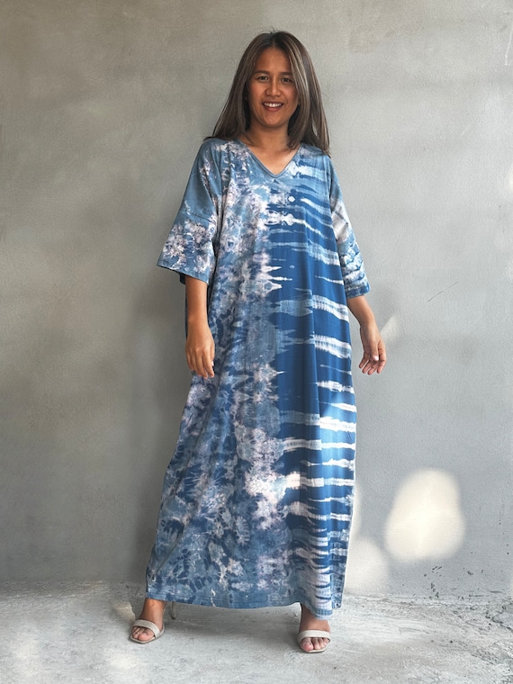 Blue With Tie Dye Cotton Jersey Kaftan CO 48 Beach Caftan Dress Womens Summer Dresses Cruise Wear Vacation Kaftan Dress Women Sundress Etsy Israel