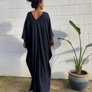 A-12 Solid Black Kaftan, One Size Plus, Resort dress,Summer party dress, kaftan, Beach wear, Home dress, Vacation dress,Roomy dress, Length image 2