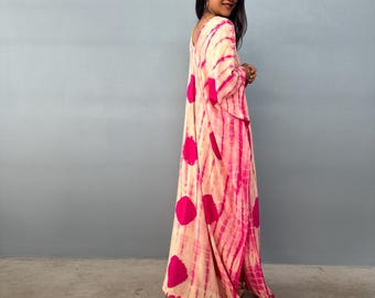 A-128 Fuchsia Tie Dye Kaftan, caftan, beach, resort, vacation, cruise, pool, party, lounge, home, work at home