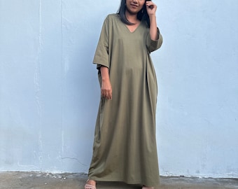 Olive Green Cotton Jersey Kaftan CO-32 ~ Fall Style Dress With Pockets, Plus Size Clothing, Ethnic Kaftan, Diwali Clothing, Festival Dress