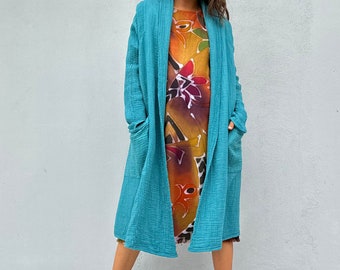 Y-8 Cardigan Robe in Teal Blue, Cover up, Night robe, Lounge robe, One size robe, Double gauze, Hand dyed