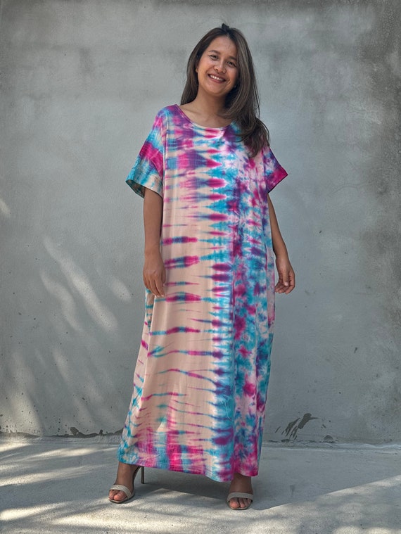 Rainbow Tie Dye Fine Jersey Cotton Kaftan Dress Alice-18 ~ Summer Womens Clothing, Beach Caftan, Vacation Dresses, Plus Size Clothing