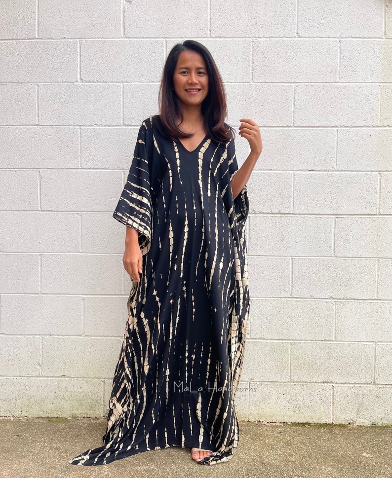 A-1 Black Tie Dye Kaftan, caftan, Tie dye dress, Resort wear, cruise, Lounge wear, Slow fashion, One size plus dress,Home wear, Length image 1