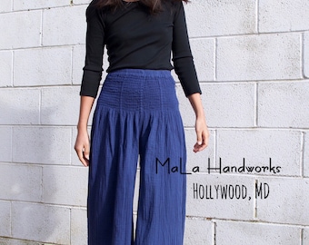 Indigo Blue Double Gauze Pants V-6 ~ Boho Cotton Pants, Wide Leg Pants, Burning Man Clothing, Smoked Waist Beach Pants, Yoga Pants, Lounge