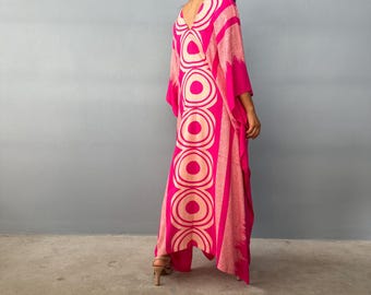 Fuchsia Hand Silkscreened Kaftan A-140 ~ African Kaftan Dress,Moroccan Caftan,Resort Wear, Gifts for Her, Luxury Indian Kaftans,Goddess Gown