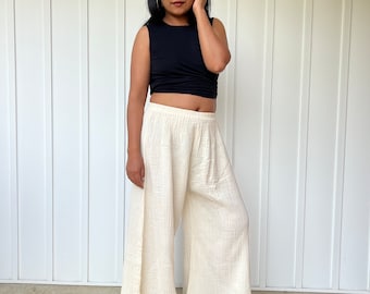VV-1 Off White Lounge Hose, Doppel Gaze Hose, Baumwollhose, Elastische Taille Hose, Freizeithose, Hose mit weitem Bein, Einheitsgröße Hose
