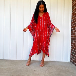 Red & Black Tie Dye Midi Kaftan FR-27 ~ Beach Kaftan Tunic Dresses, Luxury Resort Wear For Women, Beach Wear For Women,Bali Holiday Sundress
