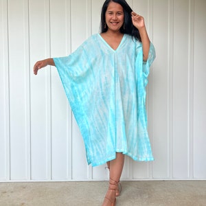FG-5 White w/ Aqua Blue Midi Gauze Kaftan Tunic, Tunic Beach wear, Lounge wear, Beach wear tunic, Summer dress, Resort wear, Resort kaftan