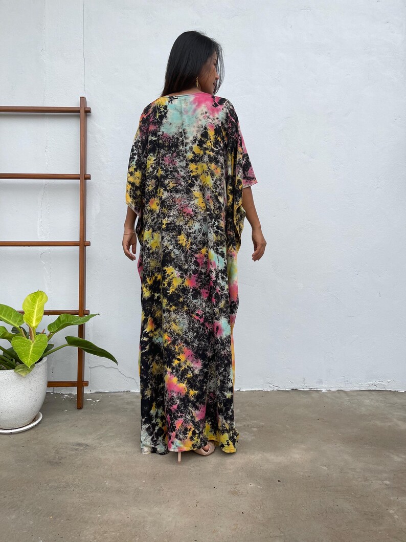 Black w/ Rainbow Tie Dye Boat Neck Kaftan AC-15 ~ Caftans For Women, Plus Size Clothing, Womens Summer Dresses, Beach Caftan, Cocktail Wear image 6