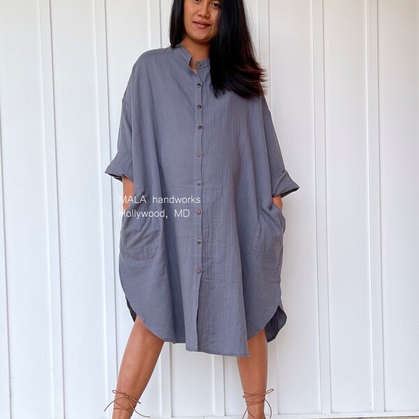 PS-22 Midi Gray Double Gauze Shirtdress 41", One size fit most, Unisex, shirt dress, home wear, street wear, lounge wear