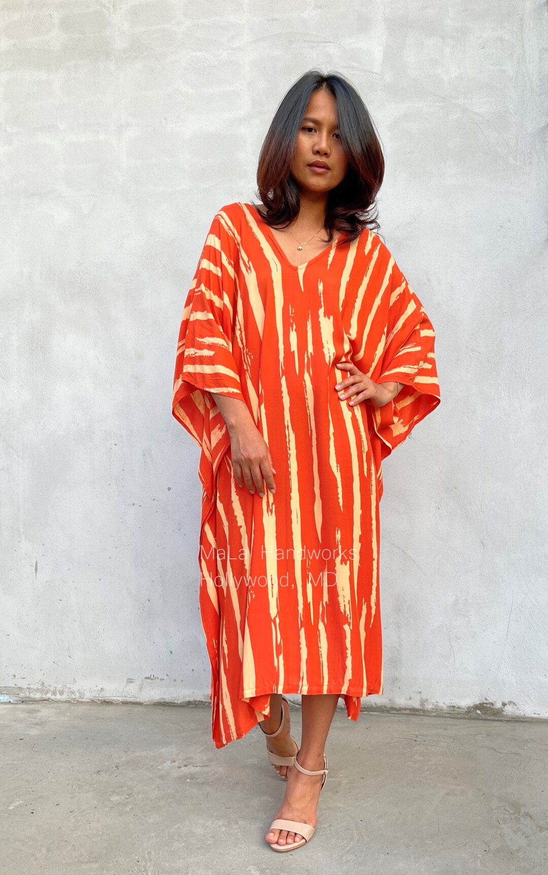 Orange Hand Screened Kaftan A-207 African Womens Dresses Striped