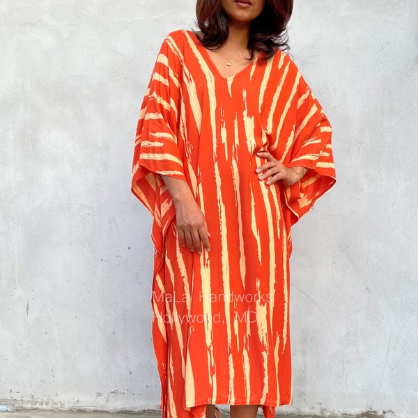 A-207 Orange Original design Hand Screened Kaftan - caftan, beach, resort, vacation, cruise, pool, party, lounge, home, work at home