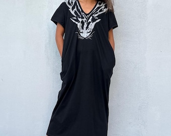 Alisa Black With Hand Batik Tiger Kaftan Dress AS-13 ~ African Dress, Luxury Lounge Wear, Moroccan Caftan, V Neck Tshirt Dress With Pockets