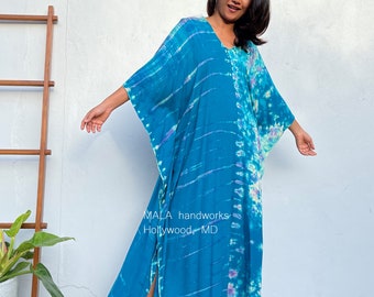A-65 Blue Teal Tie Dye Kaftan, caftan, beach, resort, vacation, cruise, pool, party, lounge, home, work at home