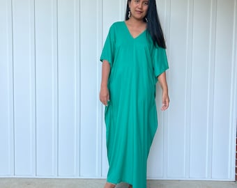 N-20 Emerald Green Kaftan, caftan, beach wear, resort wear , vacation, cruise, pool, party, lounge, home, work at home