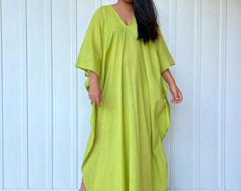 O-33 Cotton Semi sheer Green Chartreuse Kaftan Dress, Lounge Resort Beach wear, Light and breathable cotton kaftan dress