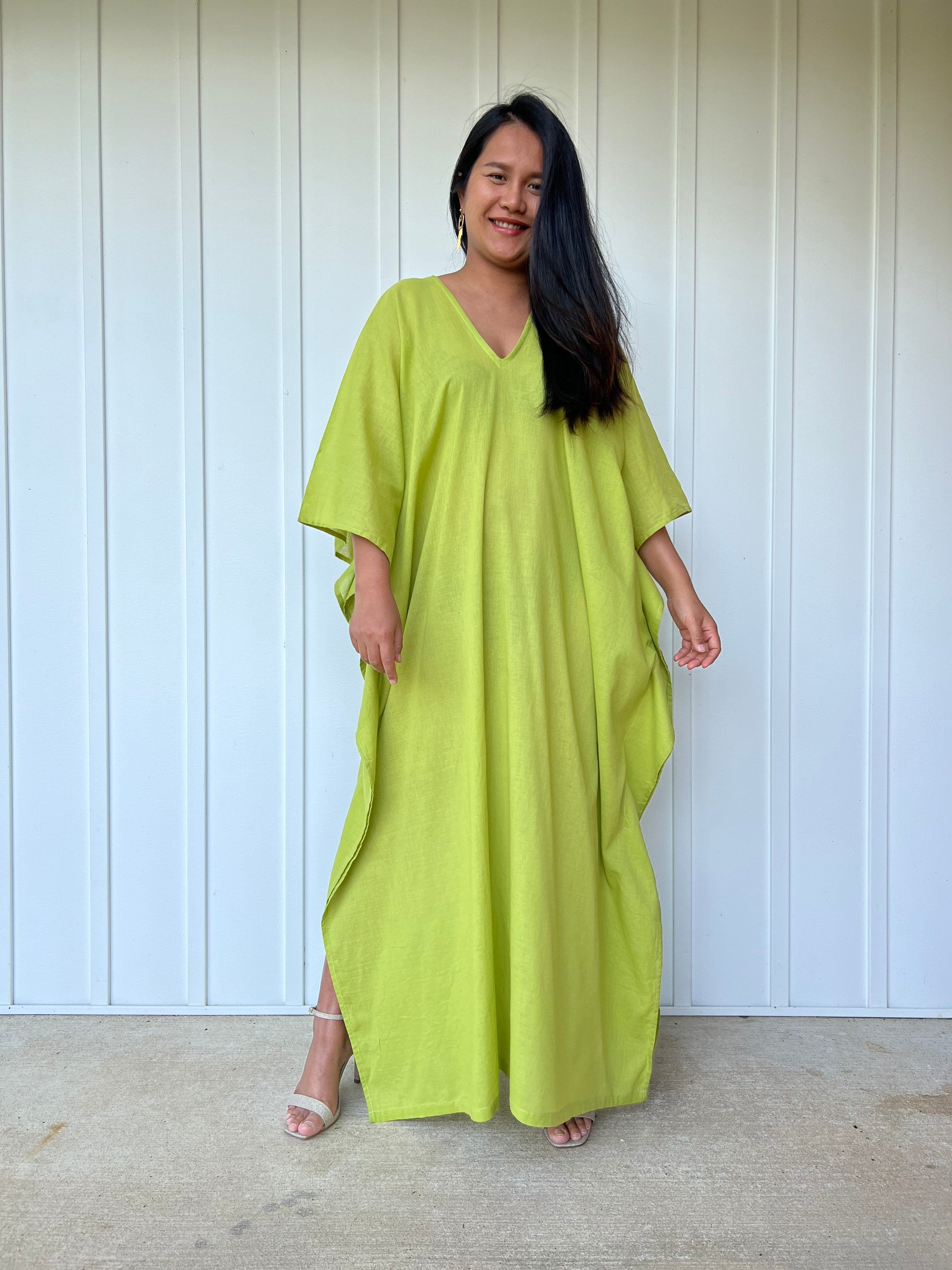 O-33 Cotton Semi sheer Green Chartreuse Kaftan Dress, Lounge Resort Beach wear, Light and breathable cotton kaftan dress