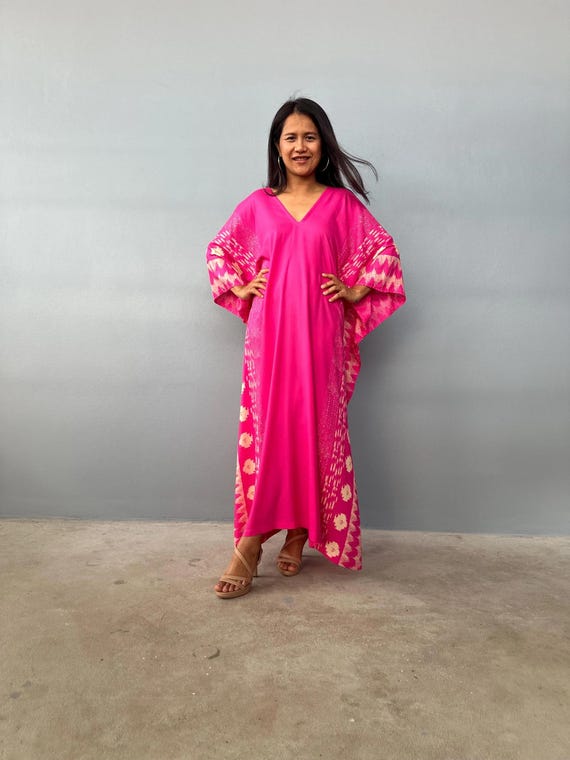 Fuchsia Hand Silkscreened Kaftan African Dress Luxury Lounge and