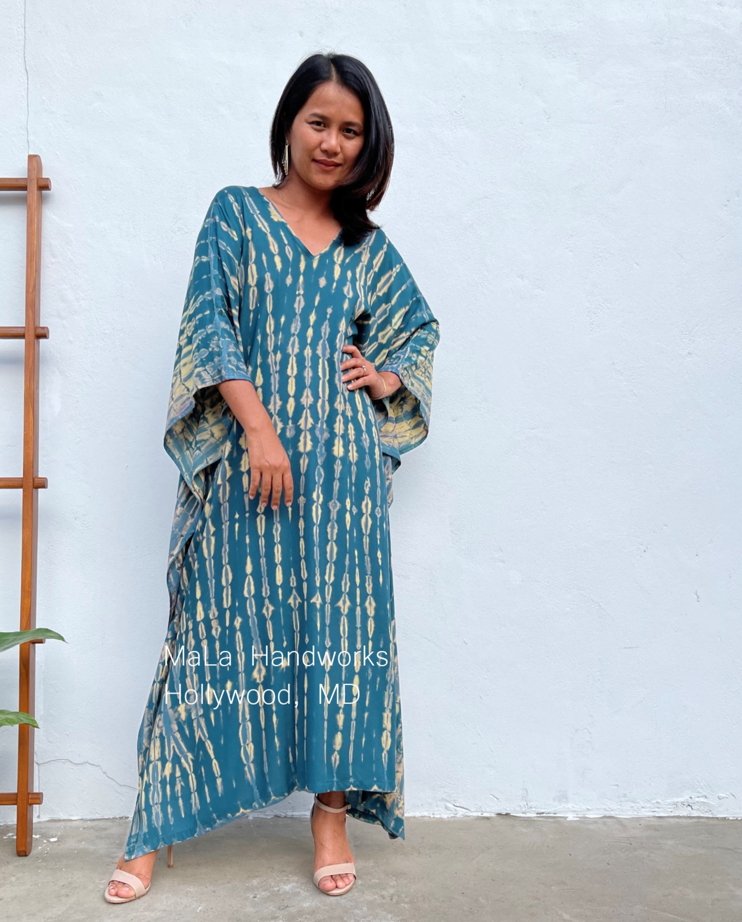 A44 Teal W/ Yellow Tie Dye Kaftan Caftan Beach Resort Etsy Canada