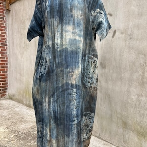 U-2-3 Midi cotton dress, hand painted fabric pattern, natural dye, One of a kind