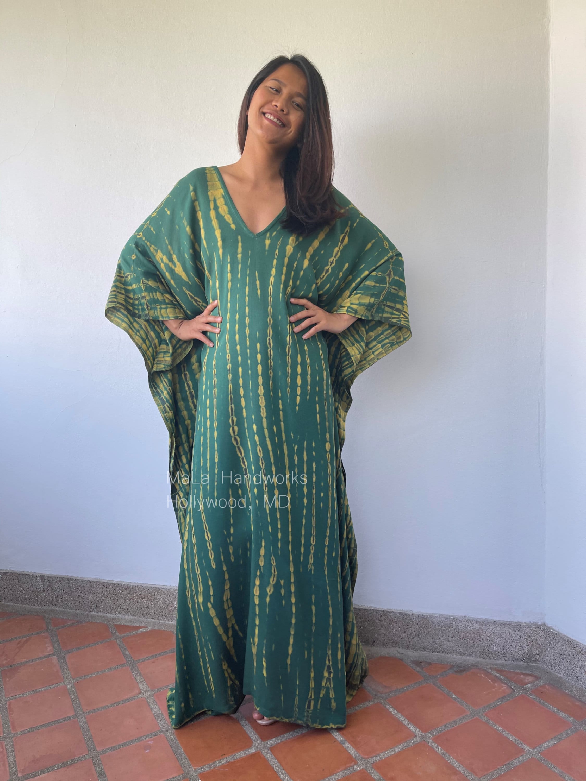 A-108 Green Tie Dye Silky Kaftan, Beautiful Caftan For Women, Mumu Dress, Womens Clothing, Lounge And Sleepwear, Plus Size Resort Wear
