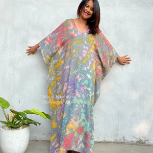 Gray With Rainbow Tie Dye Kaftan A-15 ~ Plus Size Caftan, Rainbow Dress Women, Beach Dresses, Vacation Wear, Lounge Dress, Resort Wear, Mumu