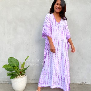 AA-16 White w/ Purple Tie Dye Kaftan, beach, resort, vacation, cruise, pool, lounge, home, work at home