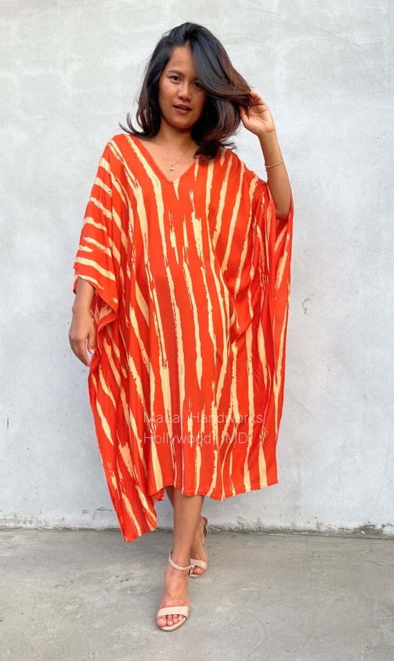 Orange Hand Screened Kaftan A-207 African Womens Dresses Striped