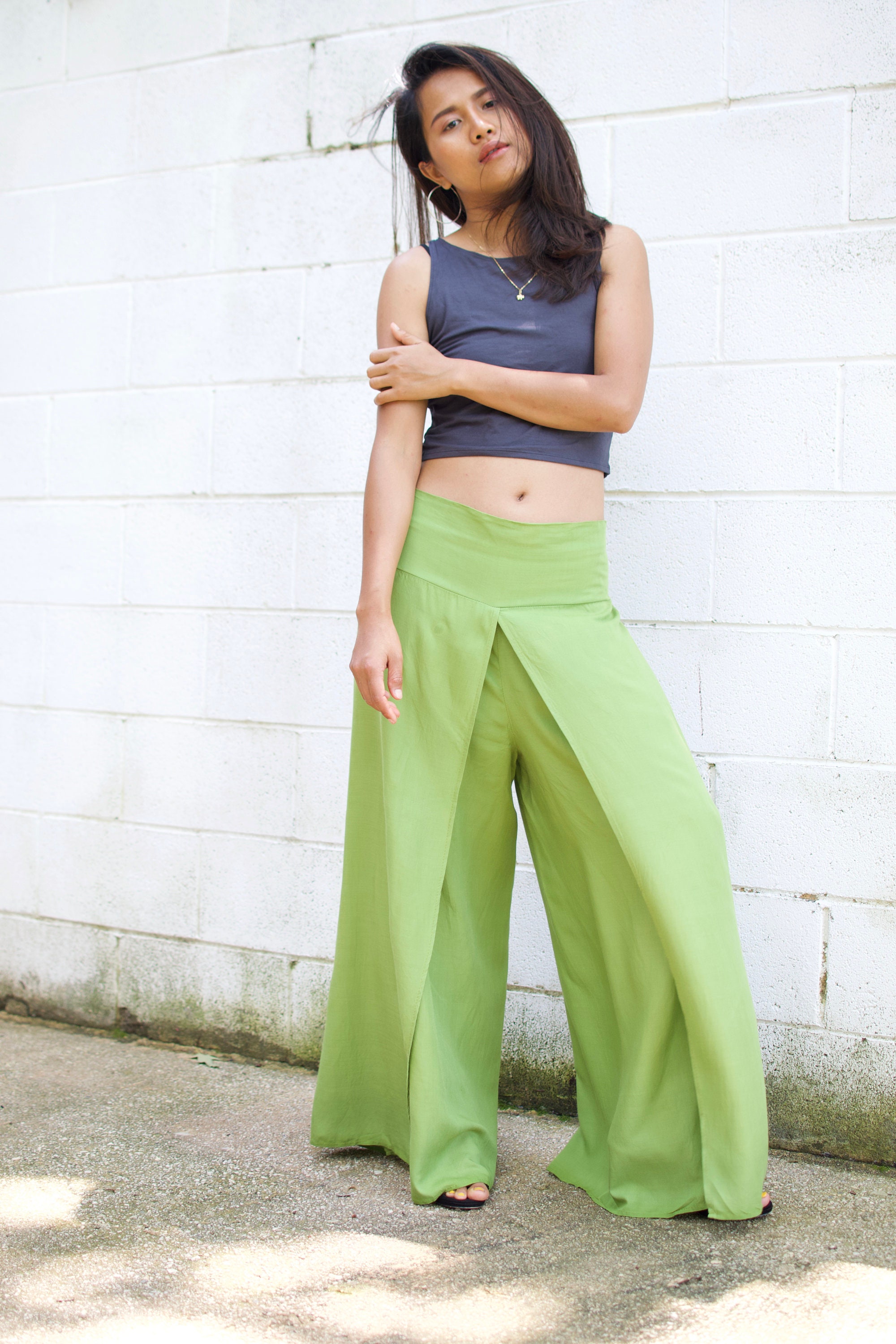 W. SLIT LEG PANTS Summer Pants lime 