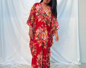 Cotton Printed Kaftan E-37  ~ Floral Hawaiian Beach Dress For Photoshoot, Plus Size Clothing, Exotic Chic Dress,Tropical Island Caftan Dress