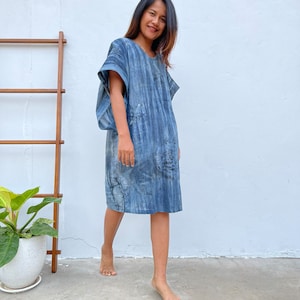 U-10-1 Midi cotton dress, hand painted fabric pattern, natural dye, One of a kind, limited edition