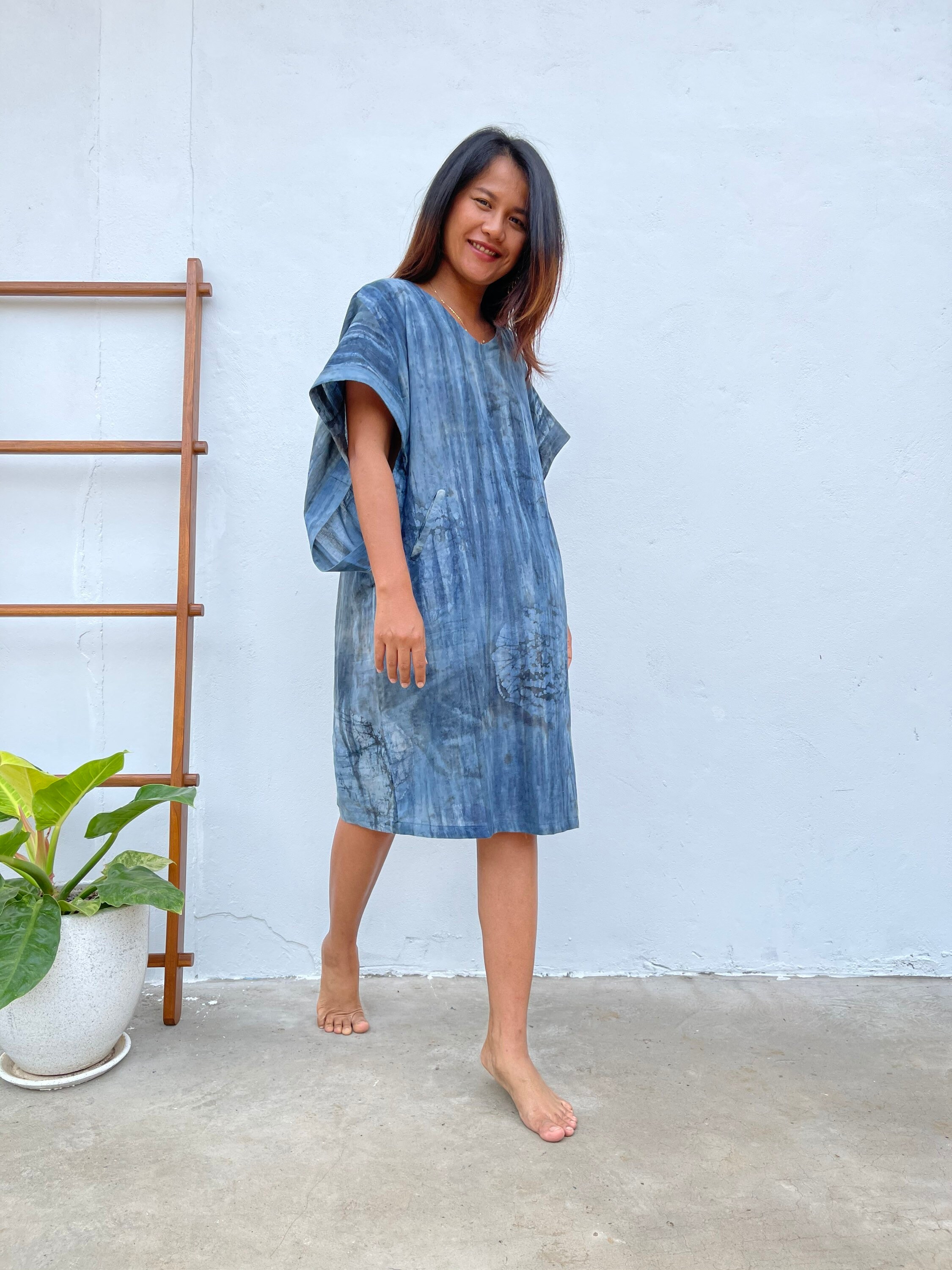 U-10-1 Midi Cotton Dress, Hand Painted Fabric Pattern